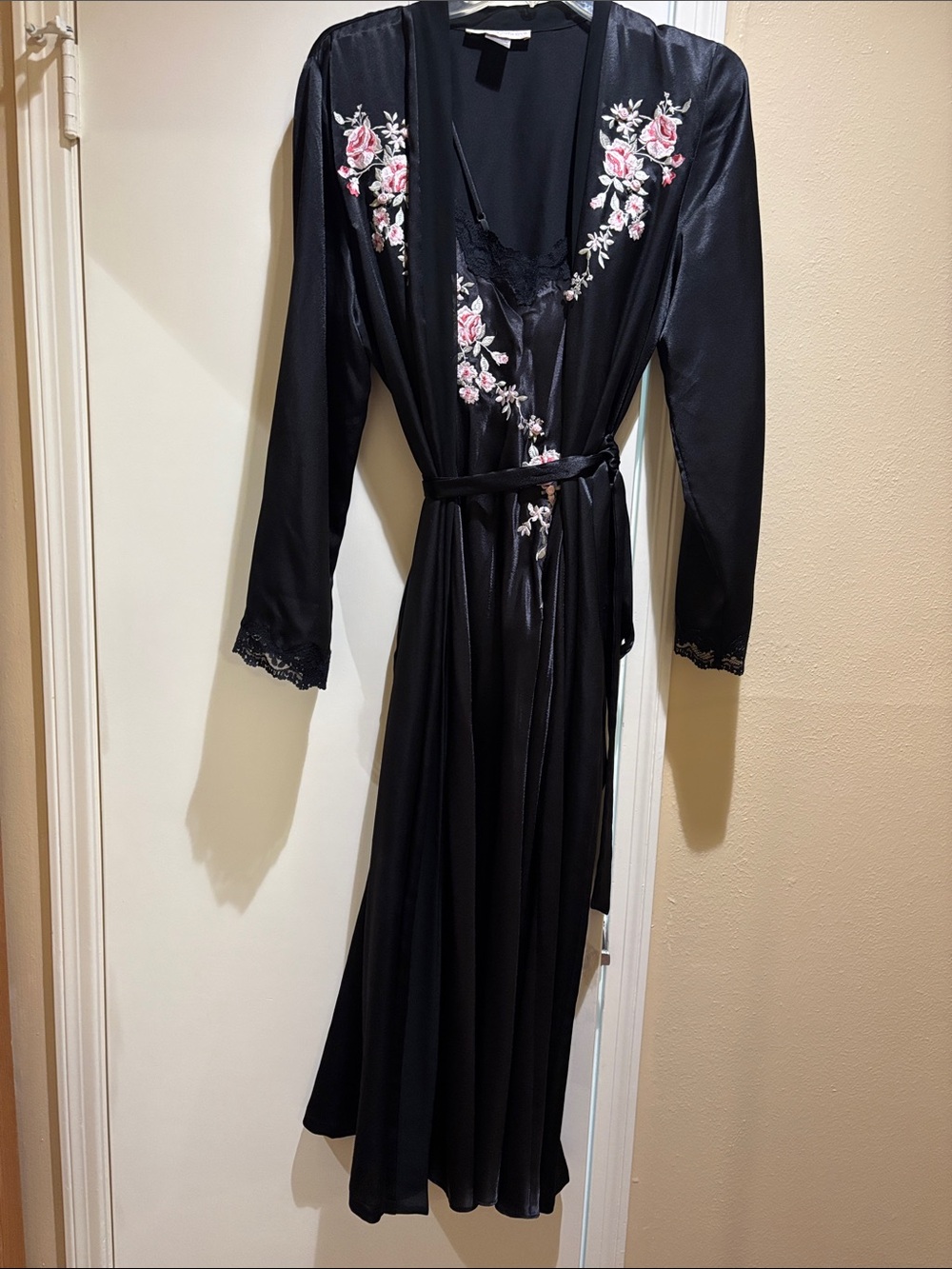 Black Satin Long Robe set with Pink Rose Embroidery